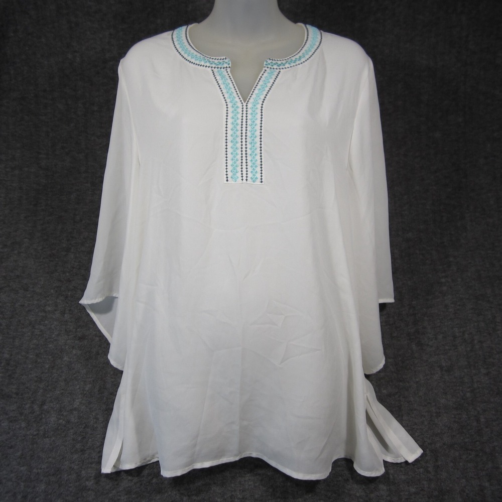 Ariat Tunic Top Womens L White Embroidered Popover Blouse Sheer Boho Chiffon